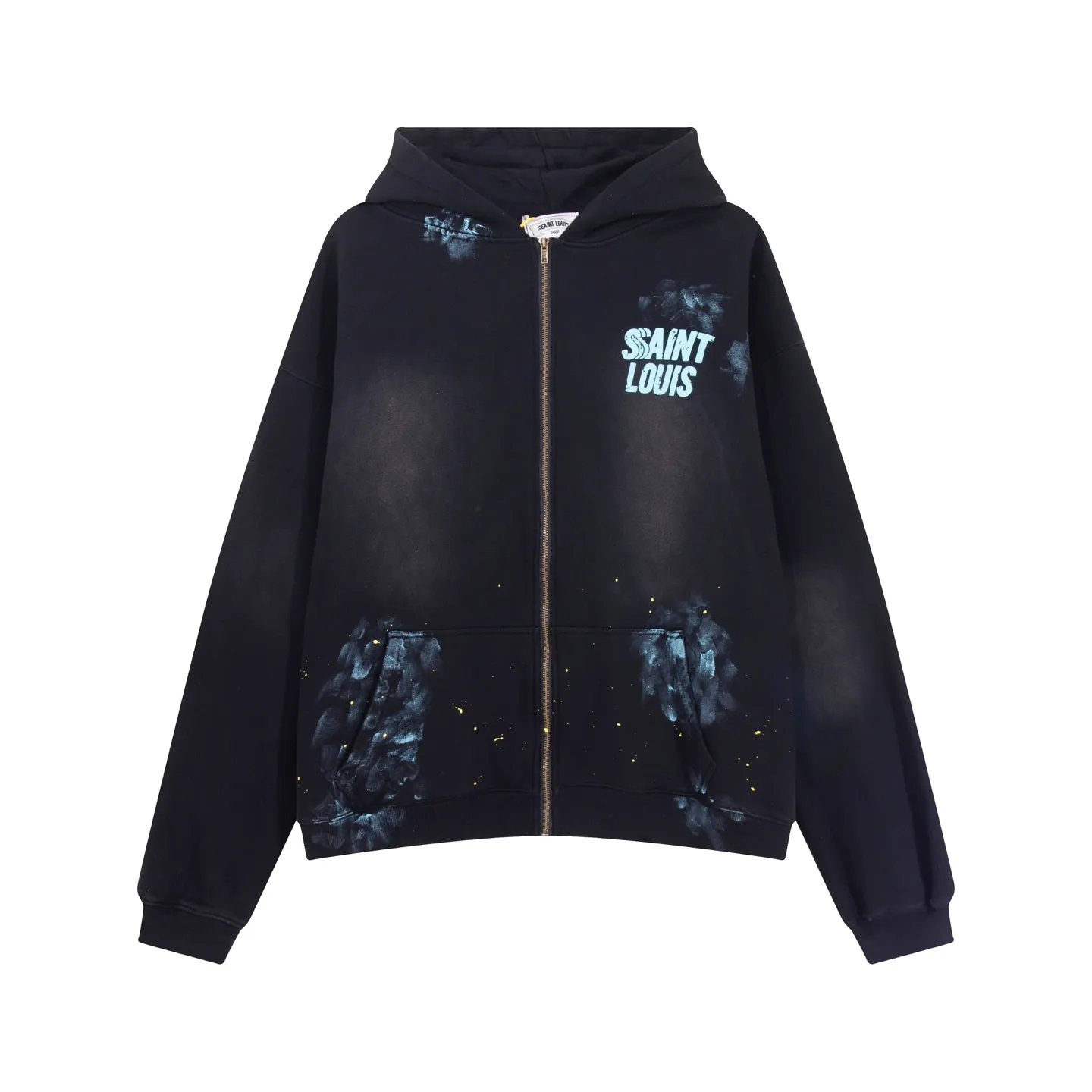 Style No. S111 P320💰 (450g version) SSSAINT LOUIS splash-ink logo long-sleeved zipper hoodie sweatshirt is made of 450g dense cotton fabric, with a loose fit and the same style for men and women. Size S-XL